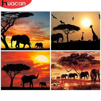 

HUACAN Painting By Numbers Elephants Animals DIY Modern Wall Art Hand Painted Acrylic Sunset Picture For Home Decoration