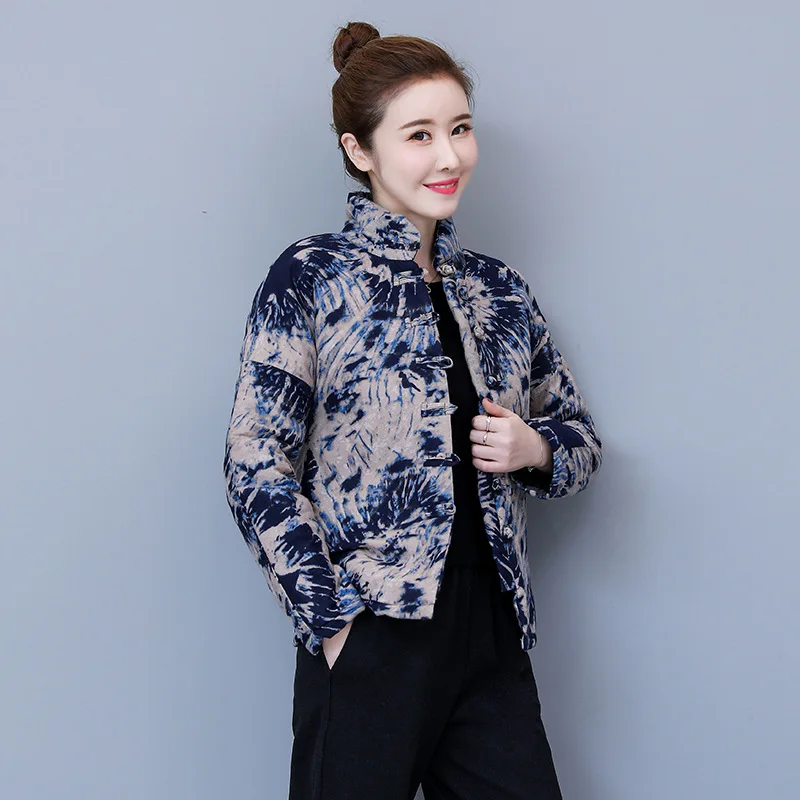 

2019 Autumn And Winter New Style WOMEN'S Dress National Wind Cotton Coat Small Cotton-Padded Jacket Short Cotton Linen Printed C
