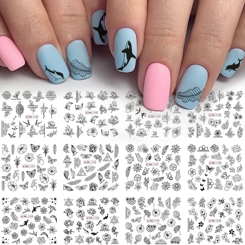 

12 Designs Nail Stickers Set Mixed Floral Geometric Sexy Girl Nail Art Water Transfer Decals Tattoos Sliders Manicure