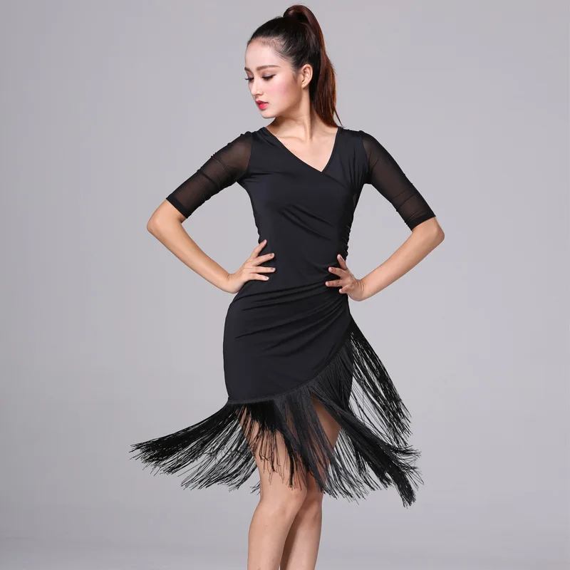 Dance dress Latin dance tassel dress professional training female adult summer ballroom tango salsa rumba sumba stage costume black/red S-4XL