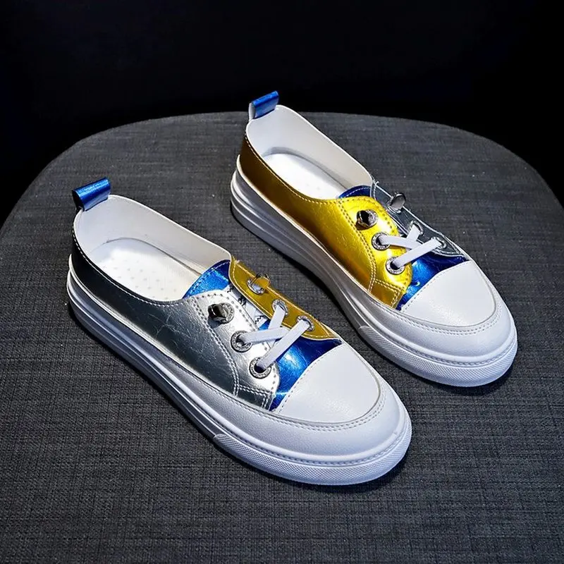 

Women Mixed Color Flat Shoes Female Korean Version Yellow and Blue Silver Soft Bottom Set Foot Shoes Designer Tenis Feminino