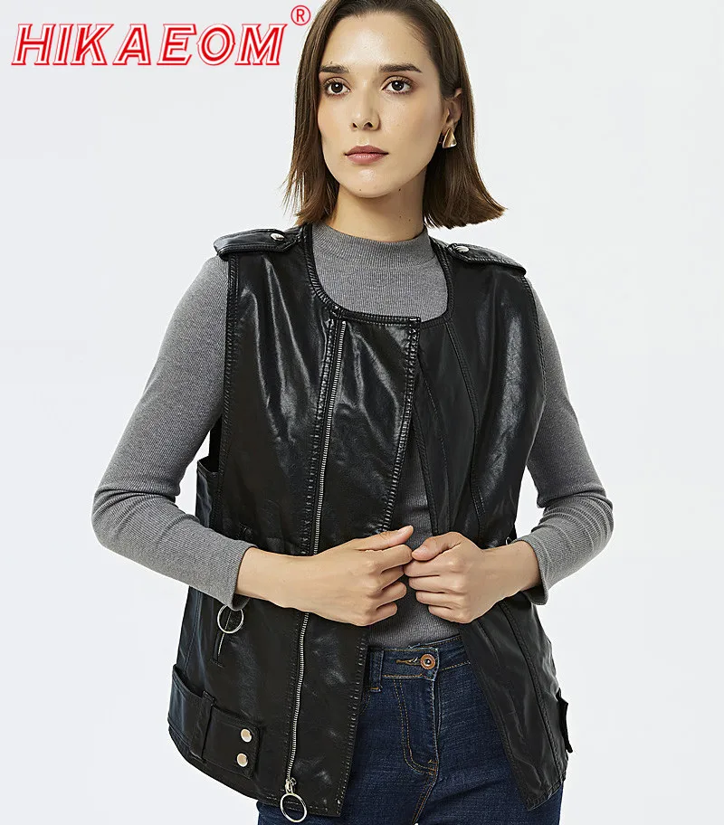 

2019 Spring Autumn New Pu Leather Vest Coat Locomotive Washed PU Leather Round Neck Vest Ring Zipper Long Vest Coats