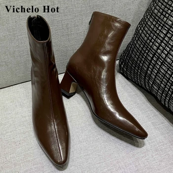 

Vichelo Hot european style split leather classic colors modern small square toe thick high heel zipper gorgeous ankle boots L26