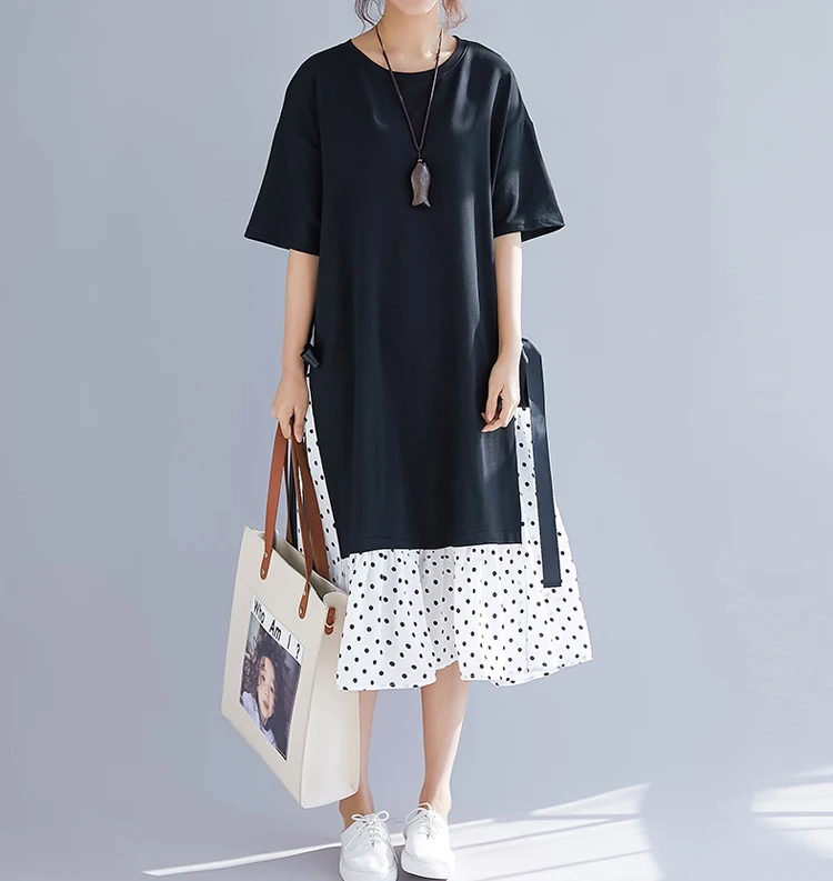 New Korean Patchwork Wave Point Tie Loose Summer Dresses Women O-Neck Casual Plus Dresses AE640