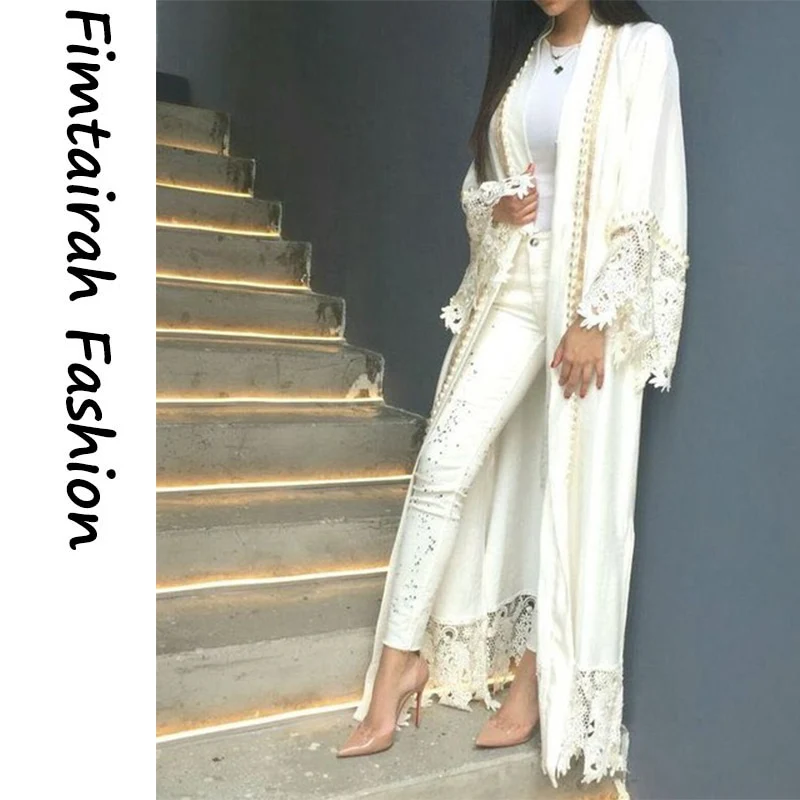Мусульманское Кружевное платье макси белое абайя женский кардиган жемчужная вышивка длинные халаты Туника кимоно Джаба Рамадан Арабская Исламская одежда