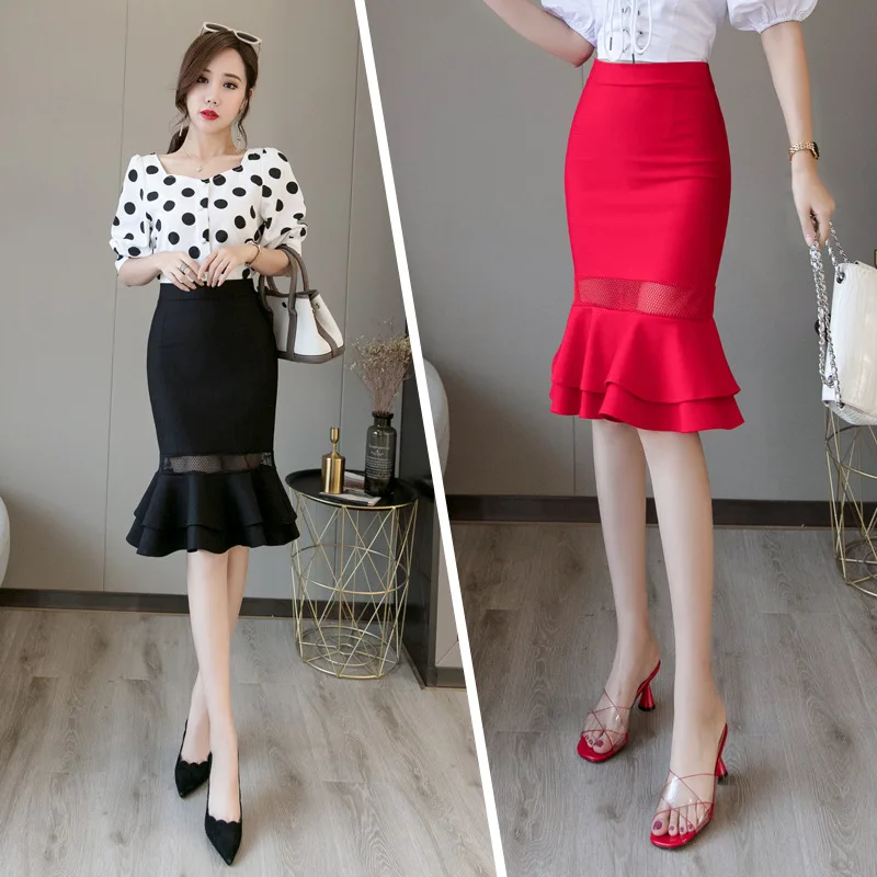 

Fishtail Skirt Skirt Women's Summer Mid-length High-waisted Hollow out Joint One-step Skirt A- line Skirt Skirt