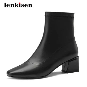 

Lenkisen hot Chelsea boots genuine leather solid recommend square toe thick high heel zipper beauty girl catwalk ankle boots L47