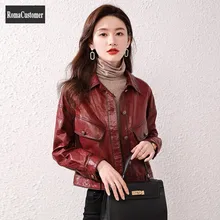 

Spring Autumn New Genuine Leather Jackets Womens Short Sheepskin Turn-Down Collar Long Sleeve Solid Elegant Female Outerwear