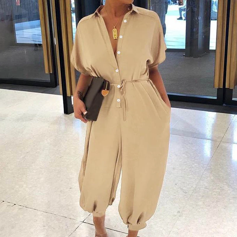 Women Retro Leopard Print Button Jumpsuit Summer V Neck Short Sleeve Playsuit Elegant Office Lady Rompers Beach Overalls Pockets