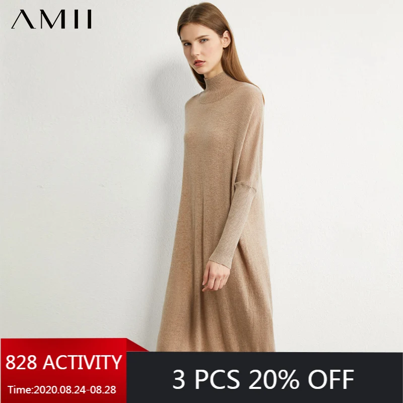 AMII Minimalism Autumn Knitted Women Dress Causal Solid Turtleneck Women Sweater Calf-length Female Dress 12030244 AMII Minimalism Autumn Knitted Women Dress Causal Solid Turtleneck Women Sweater Calf-length Female Dress 12030244