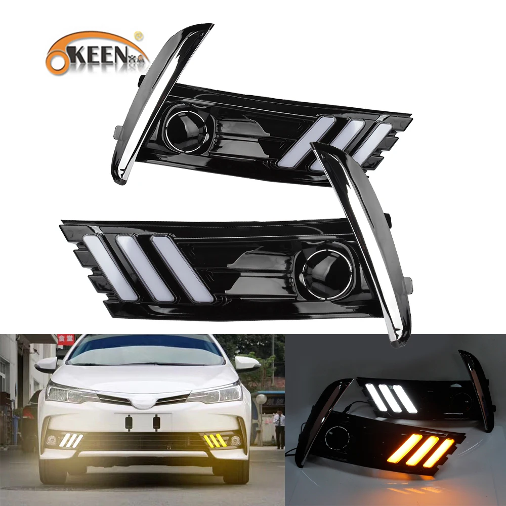 

OKEEN 12v LED Daytime Running Light For Toyota Corolla 2017 2018 Waterproof ABS Fog Lamp Cover with Yellow Turn Signal Lights
