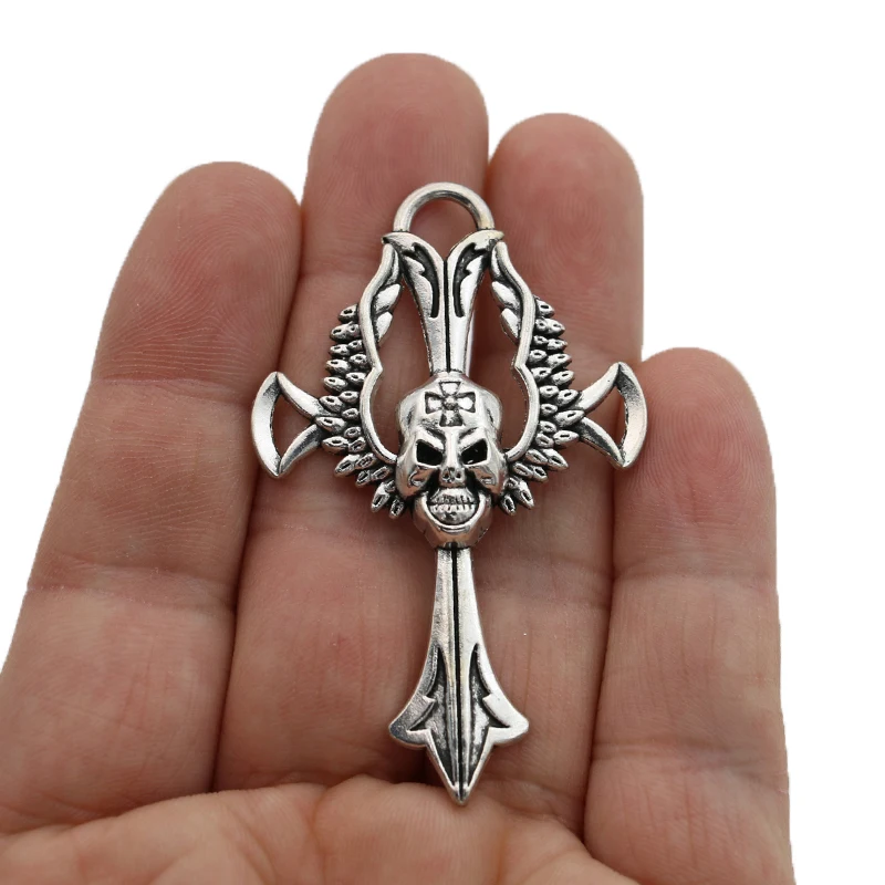JAKONGO Silver Plated Cross Skull Charm Pendants for Jewelry Making Bracelet DIY Accessories 61x38mm 2pcs | Украшения и