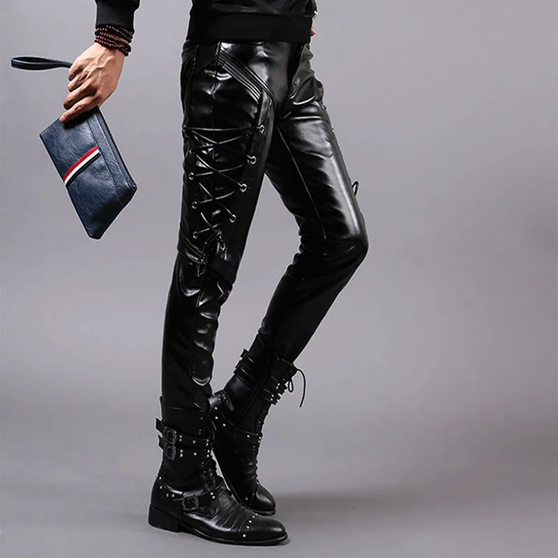 Men's Fashion Biker Leather Pants Punk Style Black Pu Faux Leather Trousers For Male Party Stage Performance Night Club (3)