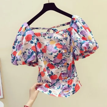 

Rose Flower Print Puff Sleeve Shirt Women 2020 Summer New Square Collar Retro Temperament Slim Flower Shirt Fashion Blouses