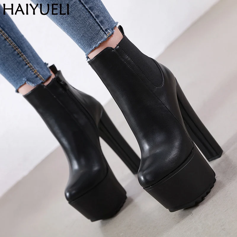 

Ladies Shoes With Heels 16cm Heel Black Platform Boots Fashion Round Toe Fall Boots Punk Women Ankle Boots Botas Mujer Invierno