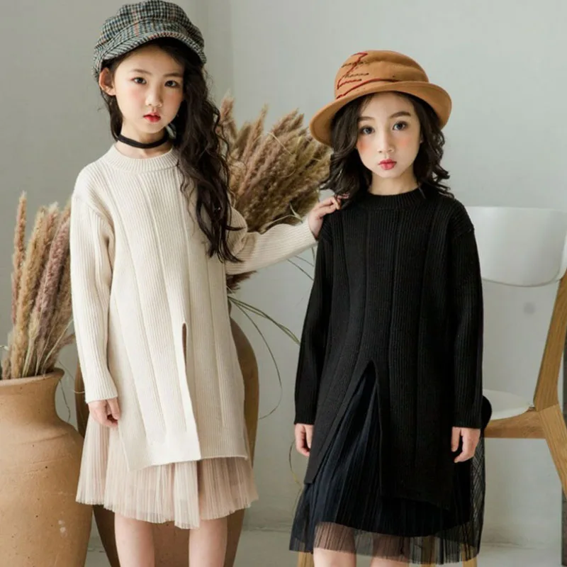 Skup Dziewczęca sukienka z dzianiny z dzianiny z powrotem na odzież szkolna zimowa jesień sukienki z dzianiny spódnica z tiulu zestawy ubrań dla dzieci 2 szt. Garnitur