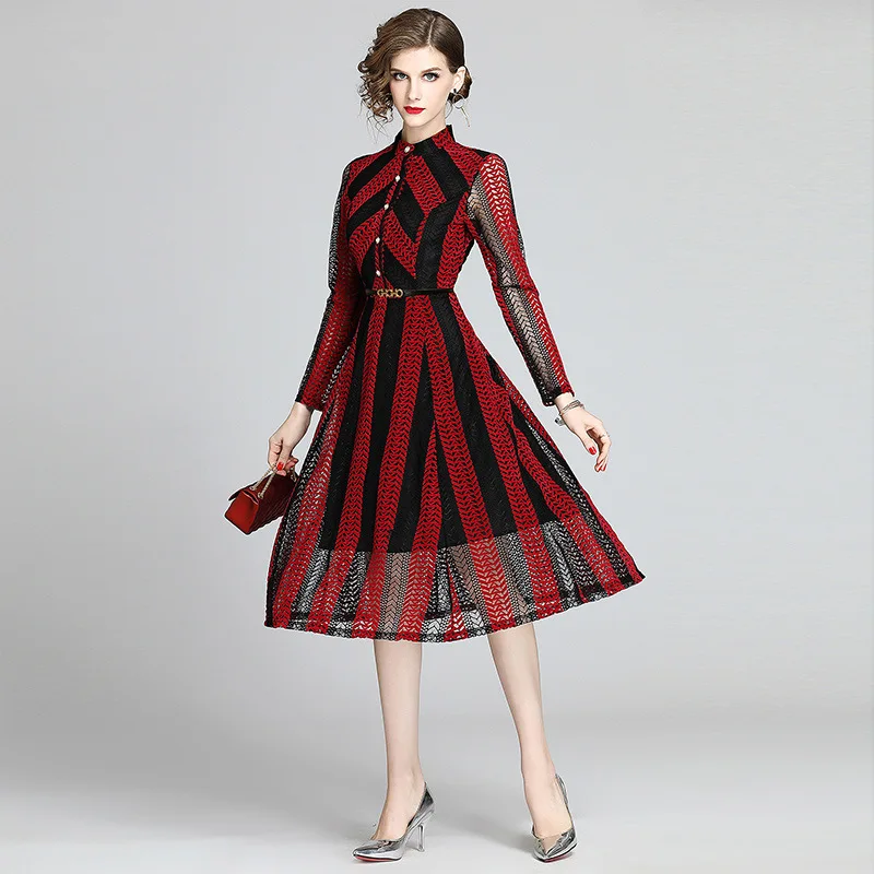 

Europe And America 2020 Winter New Style Elegant Slim Fit Long Sleeve Lace Dress Waist Hugging Slimming Mid-length Big Skirt