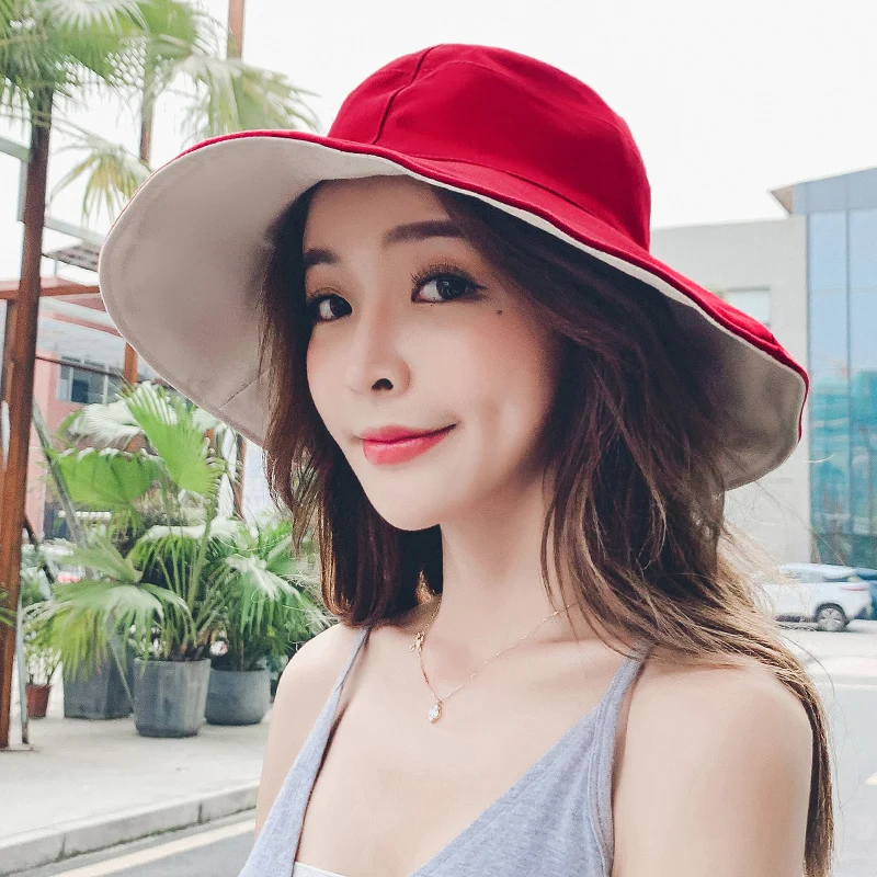 Wide Brim Cotton Bucket Hat Reversible for Women Summer Hiking Anti-sunburn White Fisherman Caps Ladies Fashion Pink Bucket Hat