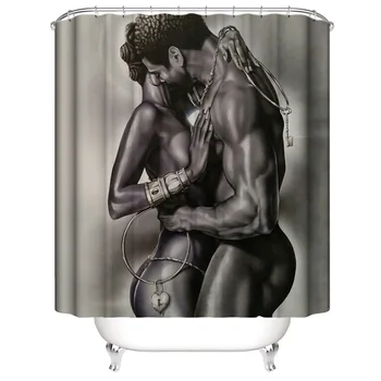 

African Shower Curtain, Hug Lover Couple Afro Bathroom Curtain Set, Non-slip Bath Mat, Carpet Sets