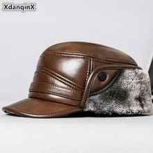 XdanqinX воловья шляпа из натуральной кожи зимние мужские теплые армейские кепки утолщенные бархатные мужские плоские кепки пожилых пап кожаные наушники