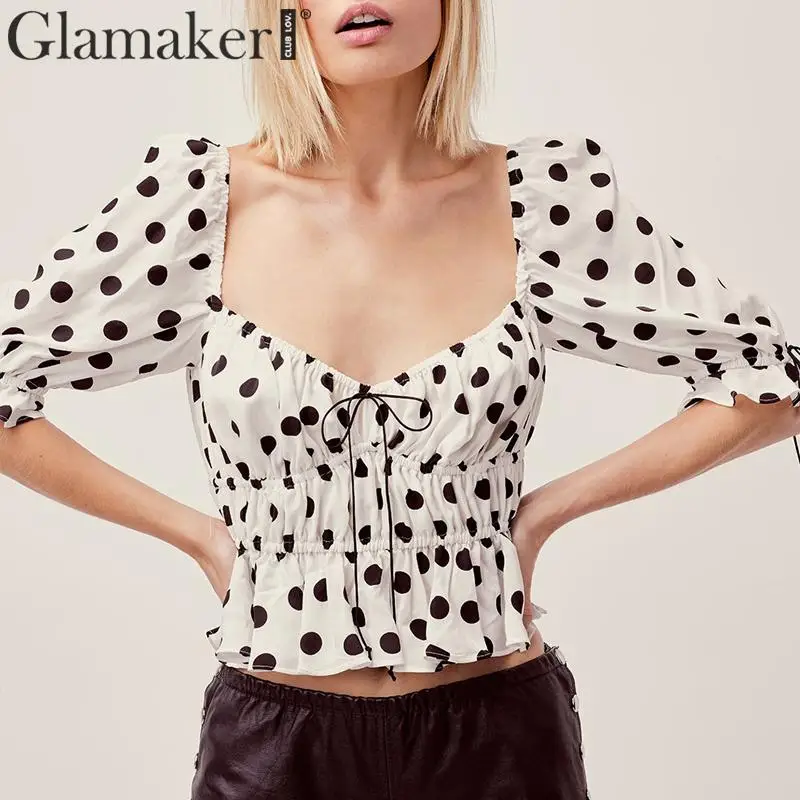 Glamaker, блузка в горошек с оборками, рубашка, Женская Осенняя блузка на шнуровке, укороченный топ, новинка, топ с пышными рукавами и квадратным воротником, зимний