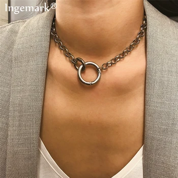 

Ingemark Punk Miami Cuban Choker Necklace Hip Hop Jewelry 2019 Trendy Iron Thick Chain Circle Necklace Women Neck Accessories