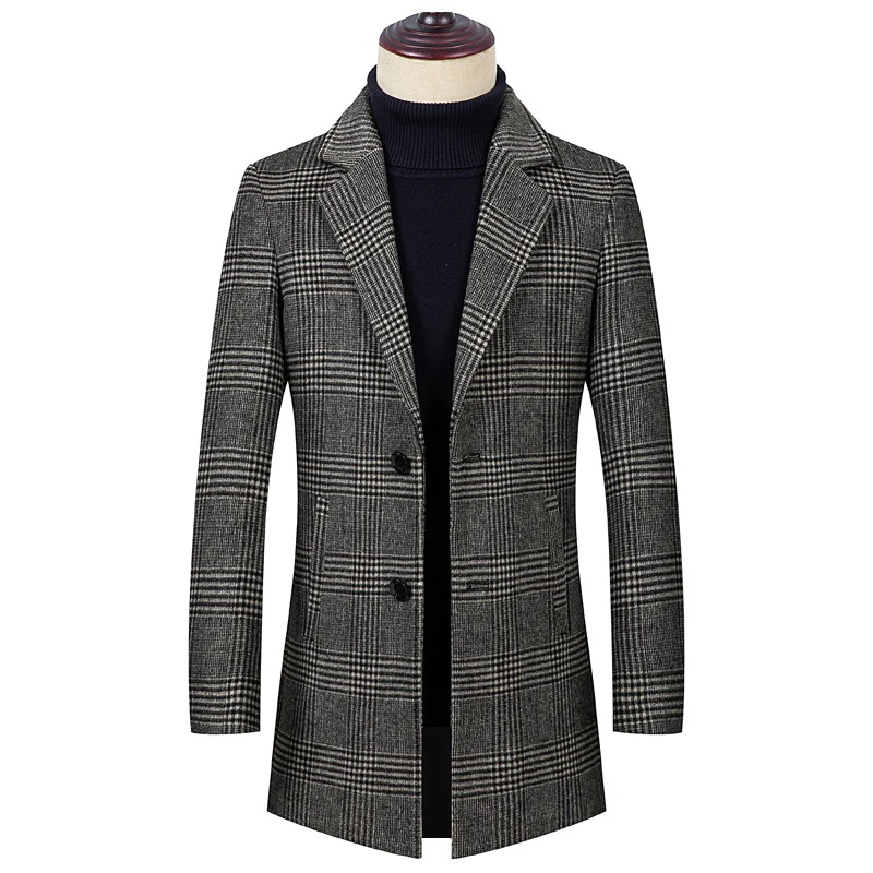 Новое поступление, осенне-зимнее шерстяное клетчатое пальто высокого качества, мужской Тренч, двубортное пальто с отложным воротником, длинное шерстяное пальто