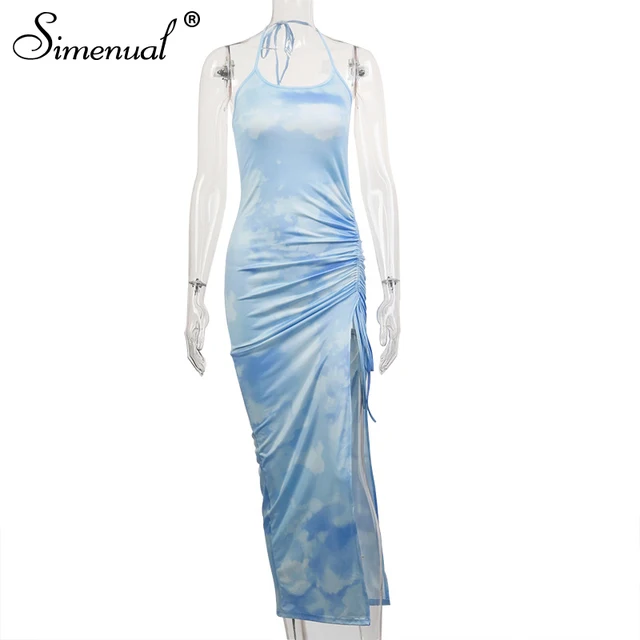 Simenual Tie Dye Drawstring Side Slit Women Maxi Dresses Strap Sleeveless Party Club Fashion Slim Backelss Bodycon Halter Dress blue