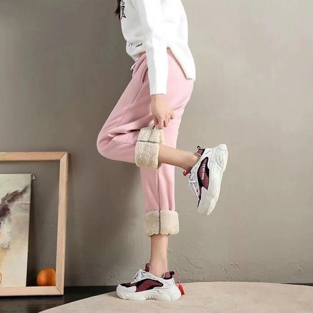 

GUMPRUN 2019 Casual Women Workout Fleece Pants Winter Solid Thick Warm Female Sweatpants Running Trousers Mujer