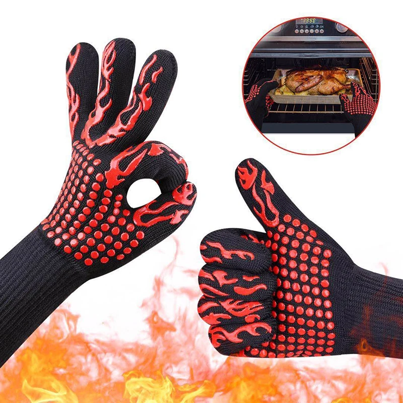 

BBQ Glove Heat Resistant Barbecue Oven Mitts Kitchen Fireproof Gloves Anti-scalding Anti-slip Baking Cooking Microwave Gloves