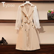 Trytree осеннее женское повседневное пальто с зубчатым нагрудным поясом, в горошек, с вуалью, с рукавом фонариком, двубортное, офисное, Женское пальто-Тренч