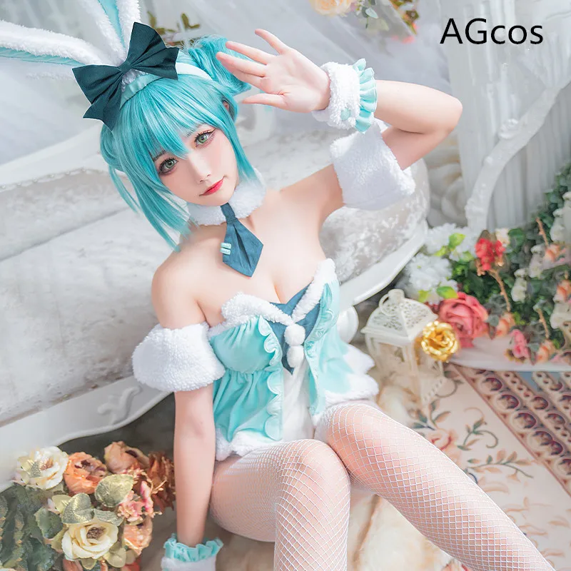 AGCOS 보컬로이드 미쿠 버니 걸 코스프레 의상, 여성 크리스마스 미쿠 섹시 코스프레 점프슈트 의상