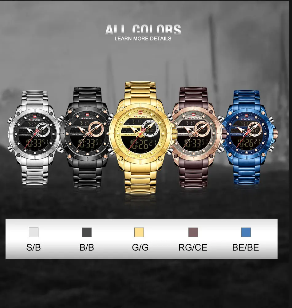NAVIFORCE часы лучший бренд Мода черный двойной дисплей мужские часы из нержавеющей стали Роскошные деловые водонепроницаемые мужские