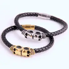 "* 5 мм настоящий черный кожаный браслет из нержавеющей стали серебро золото двойной скелет браслет с черепами для мужчин Unisexs