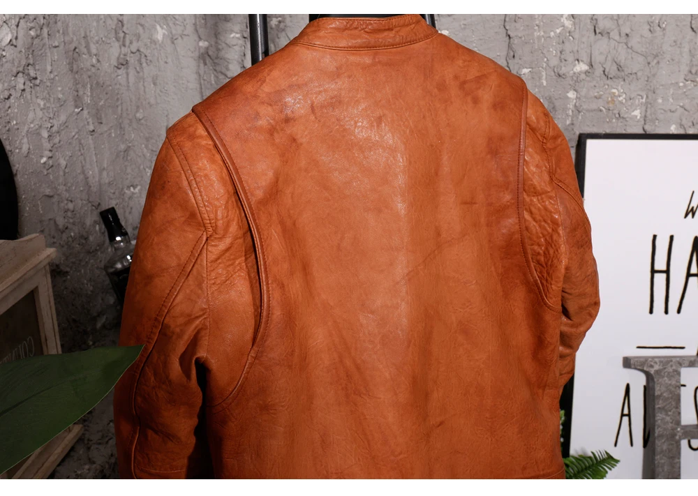 Мужская винтажная куртка из пакистанской овчины из натуральной кожи, мотоциклетная куртка со стоячим воротником, Мужская черная кожаная куртка со складками