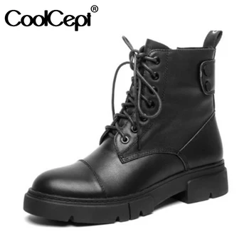 

CoolCept Woman Ankle Boots Real Leather Cross Strap Fashion Platform Winter Shoes Women Warm Zipper Lady Short Boot Size 34-39
