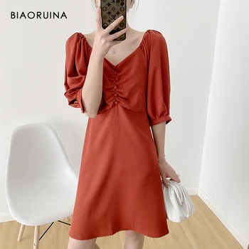 

BIAORUINA Women's Summer Red French Style Simple Elegant Double V-neck Short Lantern Sleeve High Waist Slim A-line Dress Vestido