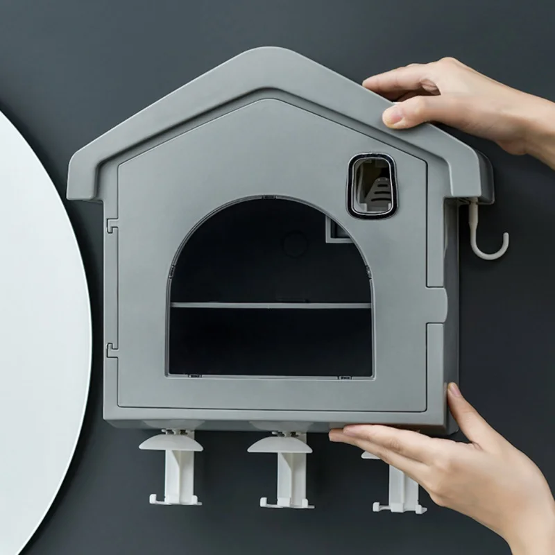 

Mini House Toothbrush Holder Wall Mount Double Storage Shelf Cup Holder Set Toothpaste Dispenser Bathroom Organizer Dropshipping