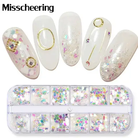 Grids Mermaid Sequins 3D Sparkly Nail Art Glitters Transparent Aurora Flakes Holographic Paillette Charm Manicure Decorations