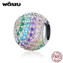 WOSTU, 925 пробы, серебряные, радужные круглые бусины, красочные, циркон, шарм, подходит для оригинального браслета, подвеска, серебро 925, ювелирные изделия CQC1355