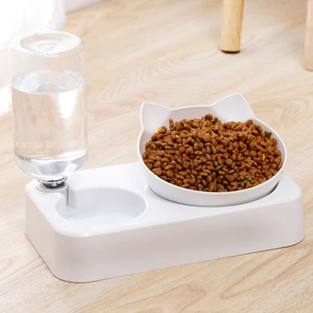 

Pet Cat Feeder Bowl Wall Corner Save Space Dog Automatic Water Double Bowls Food Cats 500ml Bottle Drinking Kitten Dogs Products