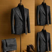 

Newest Handsome Woolen Men Suits Winter Tweed Notch Lapel Dark Gray Regular 2 Piece Wool Two Button Blend Vintage Tailored Fit