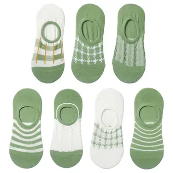 

Women Summer Avocado Green Boat Socks Stripes Print Non-Slip Low Cut Hosiery