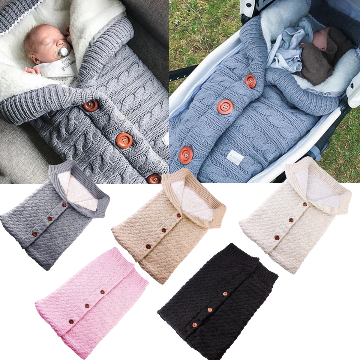 Newborn Baby Infant Cable Knit Blanket Swaddle Wrap Swaddling Sleeping Bag Warm 