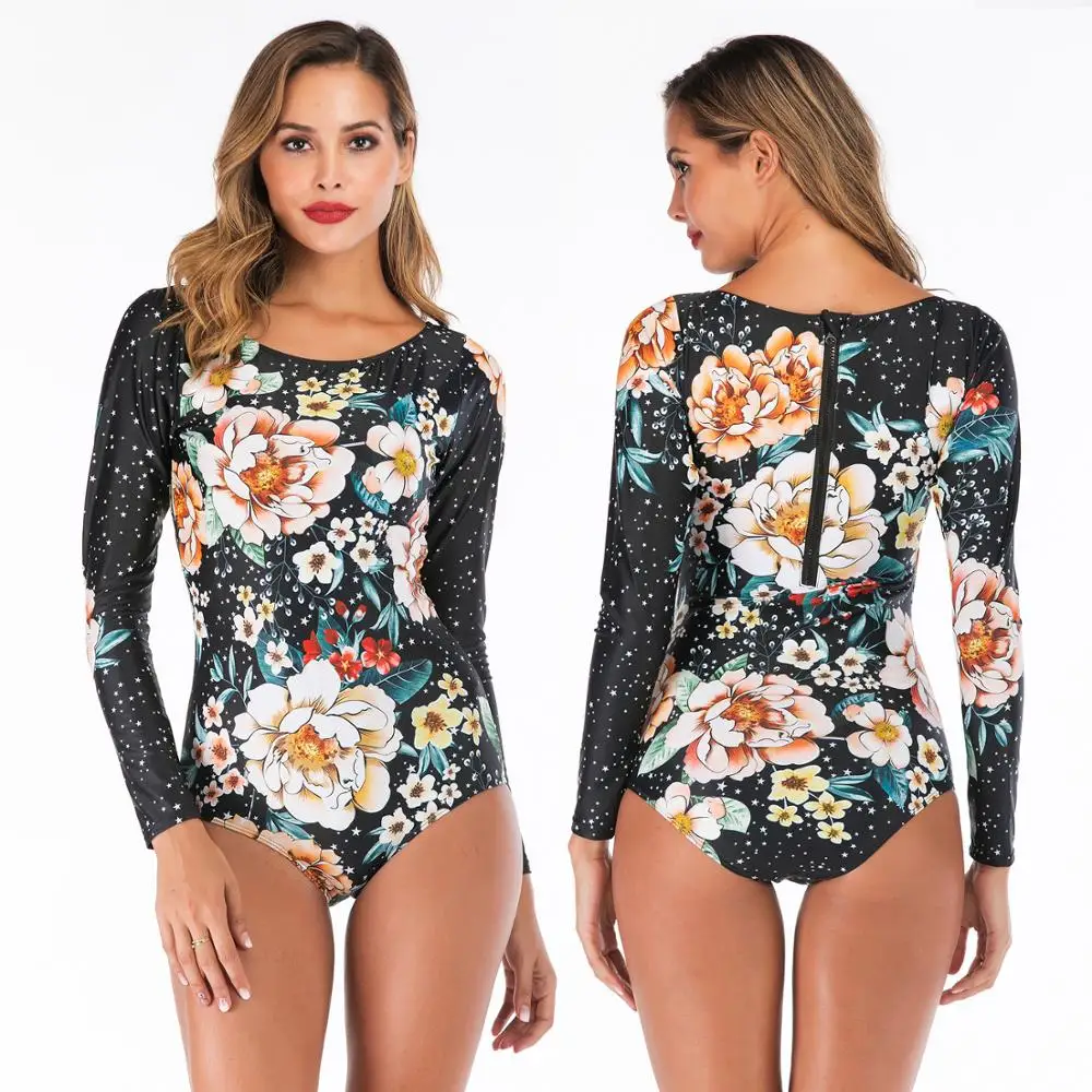 

Sexy Long Sleeve One Piece Hot Spring Swimsuit For Women's Sense Of Thin Round Neck Printed Bikini Swimsuit