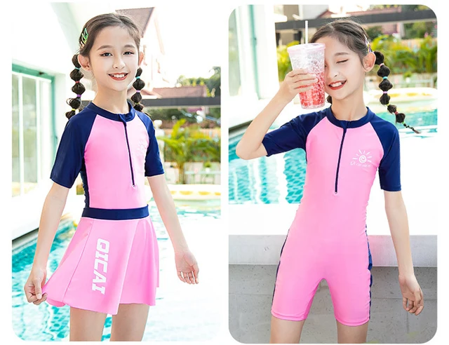 Conservative Front Zipper Girls Swimwear With Skirt Kids Swimsuit For Girls  Teen Short Sleeve Bathing Suit Fatos De Banho Menina - Children One-piece  Suits - AliExpress