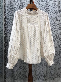 

2020 Spring and Summer New Women's Crimped Small Collar Decorative Floral Print Long-Sleeve Wild Top 415