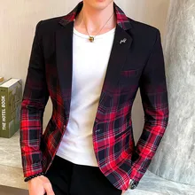 Men Blazer 2021 Spring New Colorblock Plaid Blazer Men Slim Casual Man Blazers Wedding Business Party Clothing Dress Men Coats