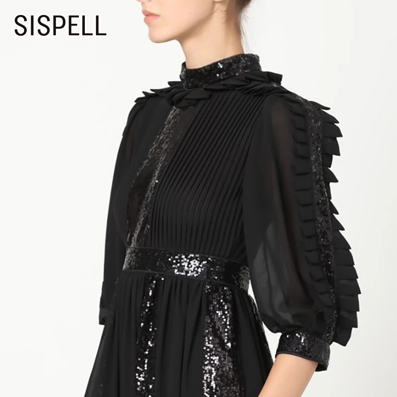 SISPELL лоскутное платье с оборками и блестками для женщин с круглым вырезом и рукавом три четверти, плиссированные платья с высокой талией для женщин