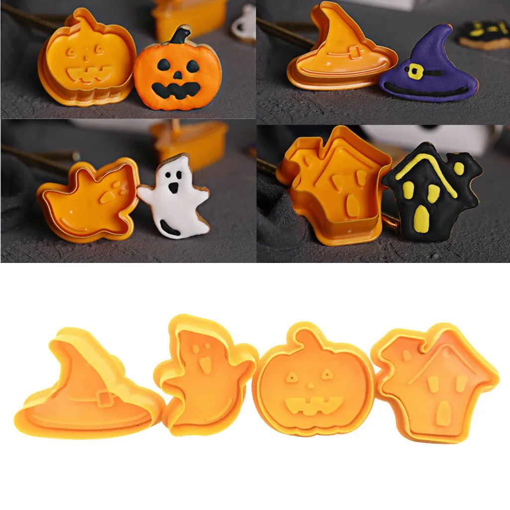 

Bakeware 4pcs Halloween Theme Plunger Biscuit Mold Cutter plastic cookie cutter Biscuit Stamp Mould Fondant Tool Pastry tools